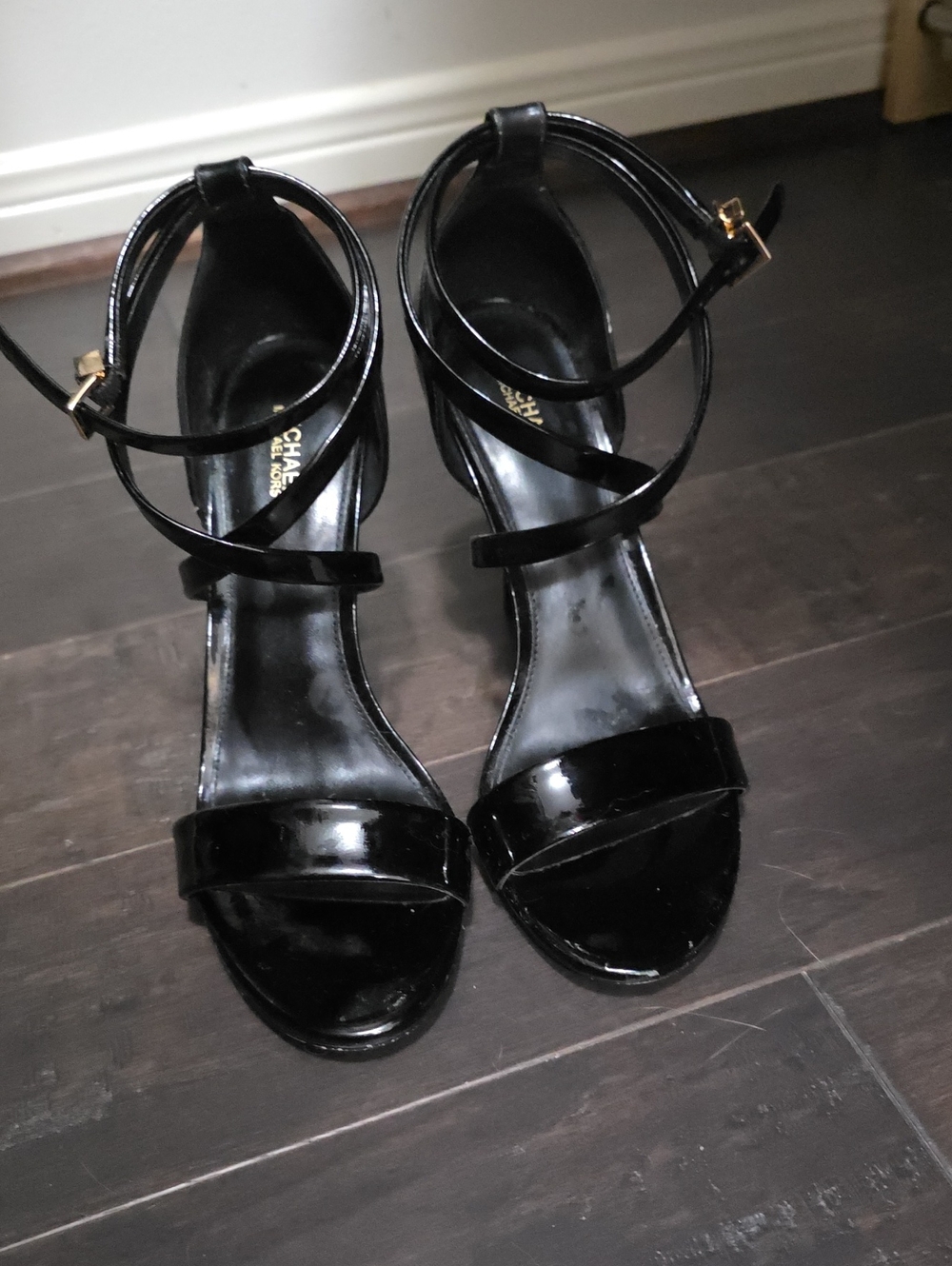 Muchael Kors Black Patent Strappy Ankle-Wrap Sandals